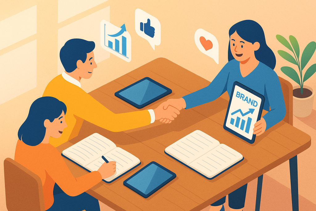 Illustration of writing in notebooks with tablets nearby in a sunlit professional workspaces setting, with a happy mood.