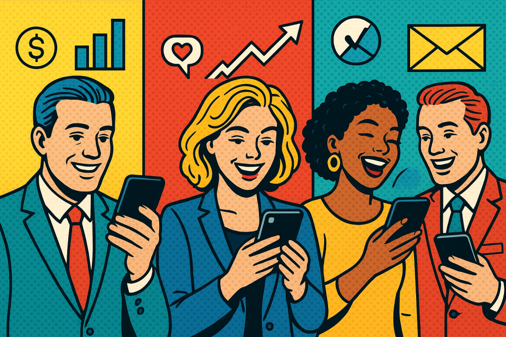 Illustration of smiling professionals with smartphones in a digital dashboards and data setting, with a happy mood.