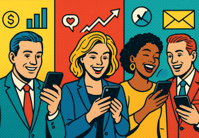 Illustration of smiling professionals with smartphones in a digital dashboards and data setting, with a happy mood.