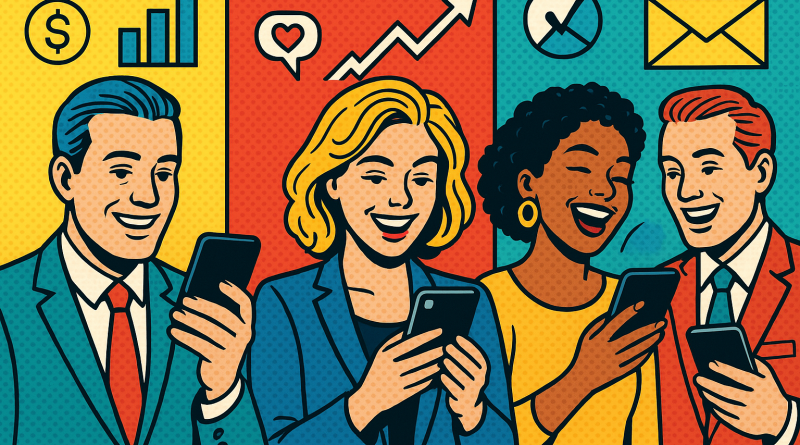 Illustration of smiling professionals with smartphones in a digital dashboards and data setting, with a happy mood.