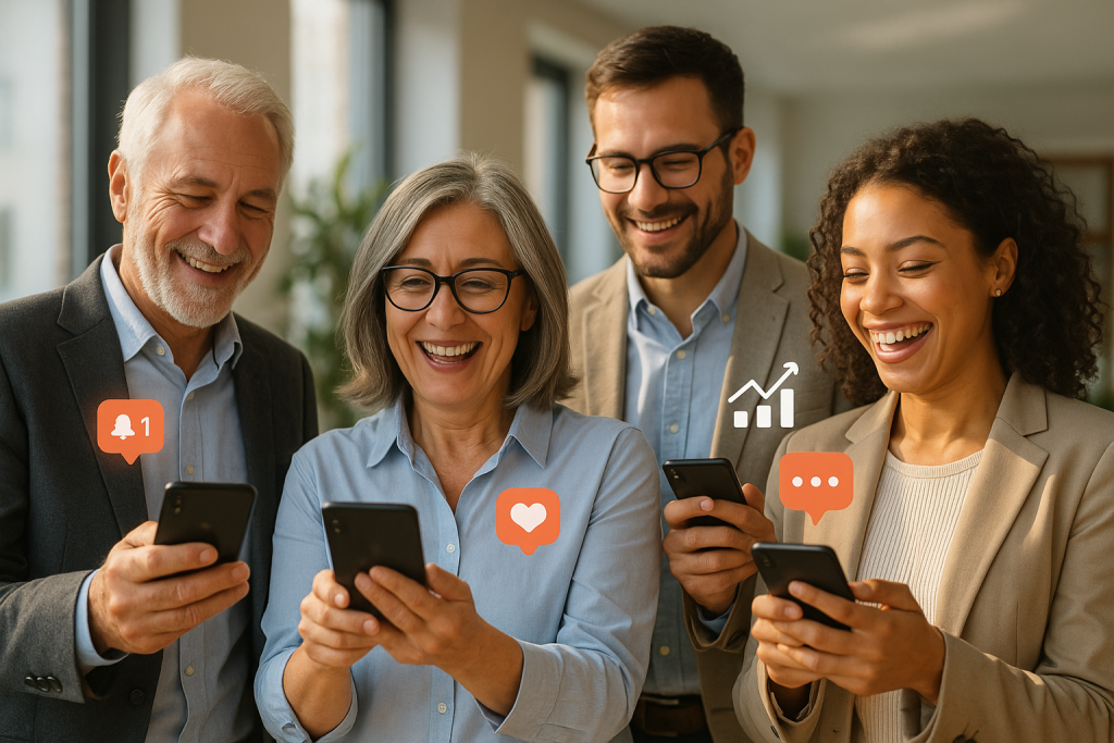 Illustration of smiling professionals with smartphones in a sunlit professional workspaces setting, with a happy mood.