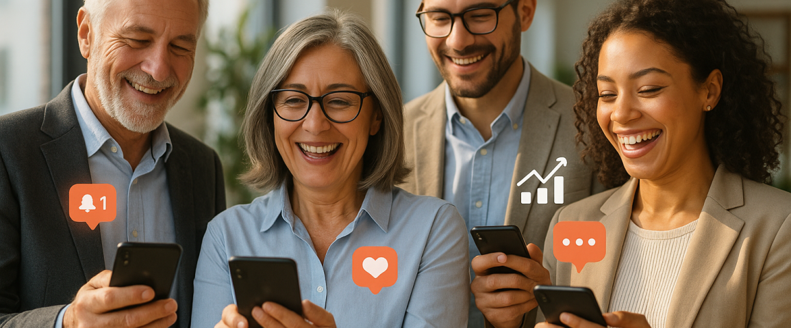 Illustration of smiling professionals with smartphones in a sunlit professional workspaces setting, with a happy mood.
