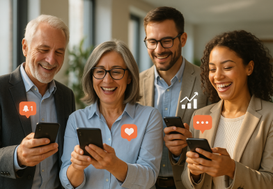 Illustration of smiling professionals with smartphones in a sunlit professional workspaces setting, with a happy mood.