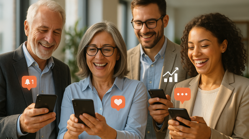 Illustration of smiling professionals with smartphones in a sunlit professional workspaces setting, with a happy mood.