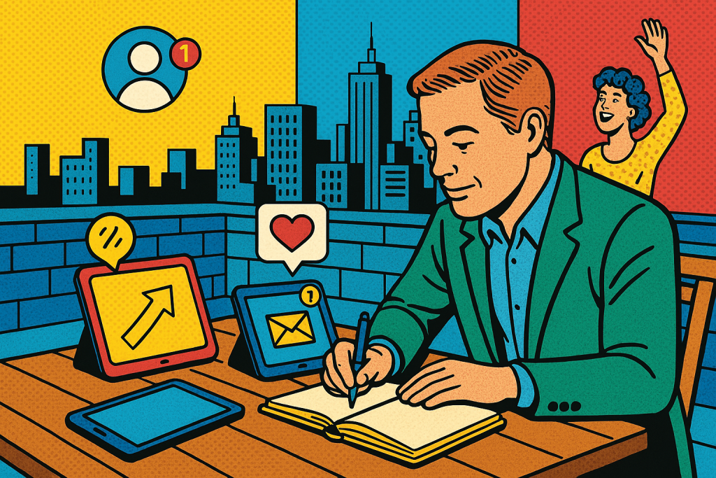 Illustration of writing in notebooks with tablets nearby in a urban rooftop offices setting, with a creative mood.