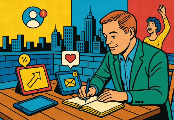 Illustration of writing in notebooks with tablets nearby in a urban rooftop offices setting, with a creative mood.