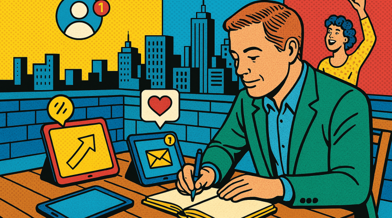 Illustration of writing in notebooks with tablets nearby in a urban rooftop offices setting, with a creative mood.