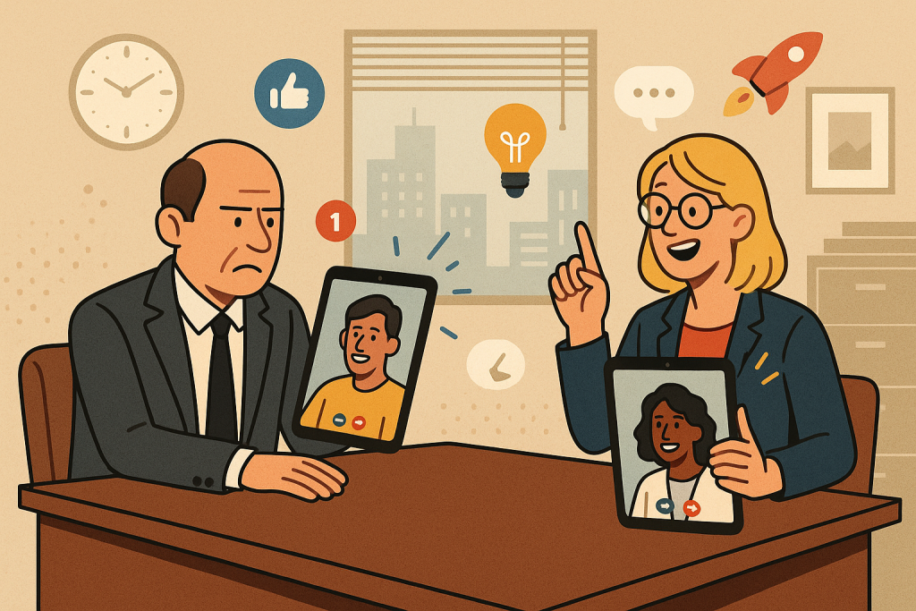 Illustration of video conferencing on tablets in a legacy business interiors setting, with a creative mood.