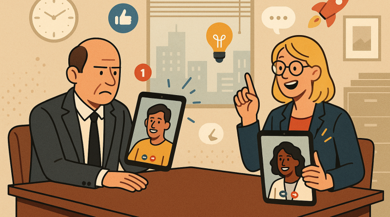 Illustration of video conferencing on tablets in a legacy business interiors setting, with a creative mood.