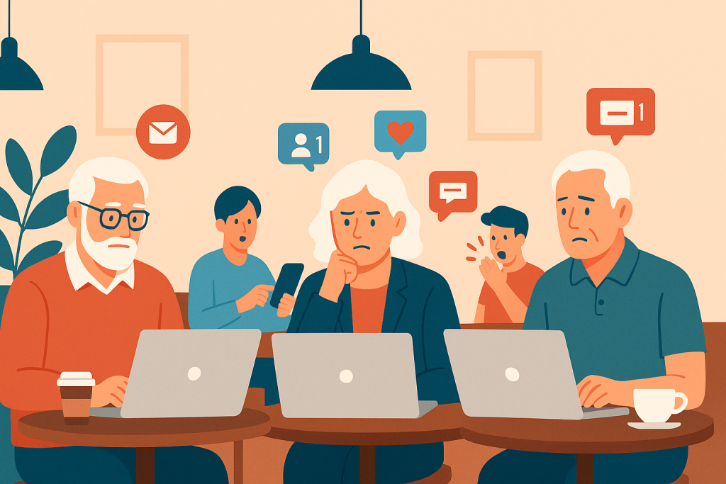 Illustration of mature professionals on laptops in a coffee shop settings setting, with a focused mood.