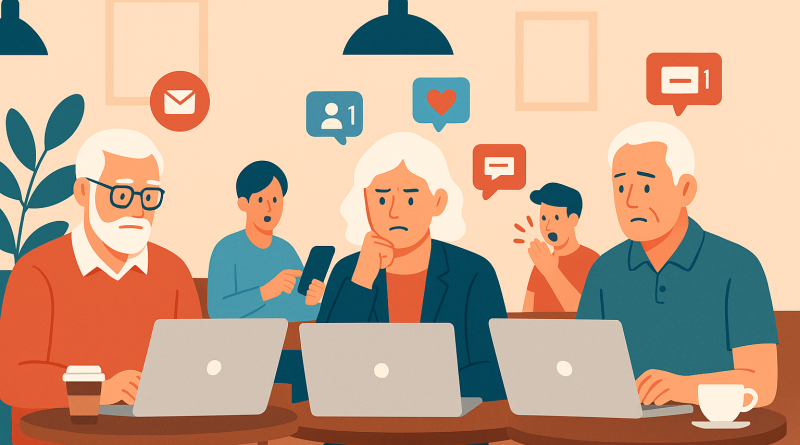 Illustration of mature professionals on laptops in a coffee shop settings setting, with a focused mood.