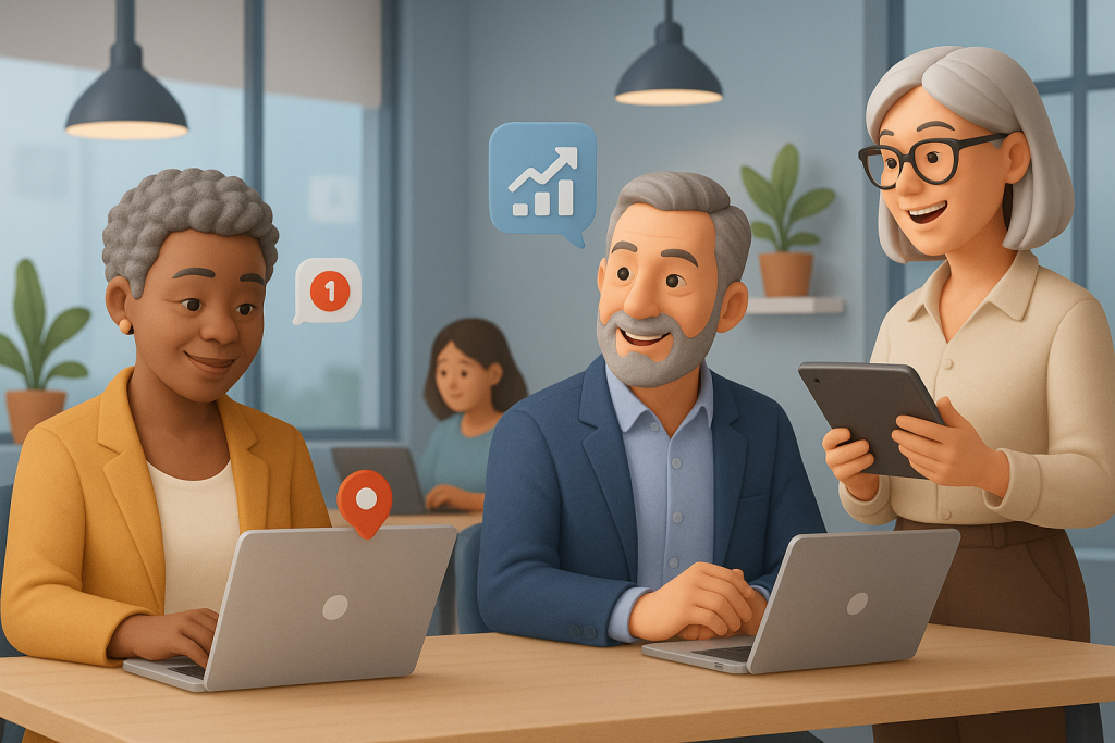 Illustration of diverse entrepreneurs over 40 in a modern coworking spaces setting, with a relaxed mood.