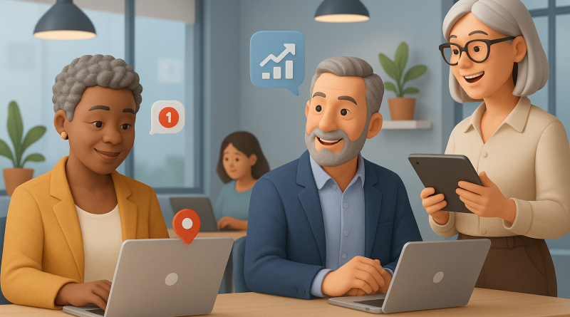 Illustration of diverse entrepreneurs over 40 in a modern coworking spaces setting, with a relaxed mood.
