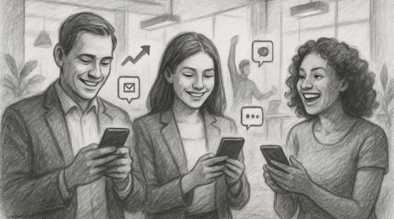Illustration of smiling professionals with smartphones in a modern coworking spaces setting, with a determined mood.