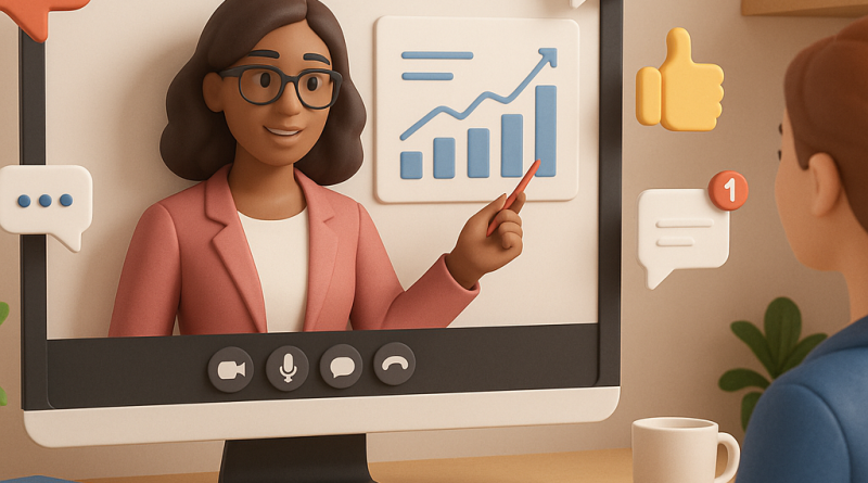 Illustration of women executives giving webinars in a home office setups setting, with a inspired mood.