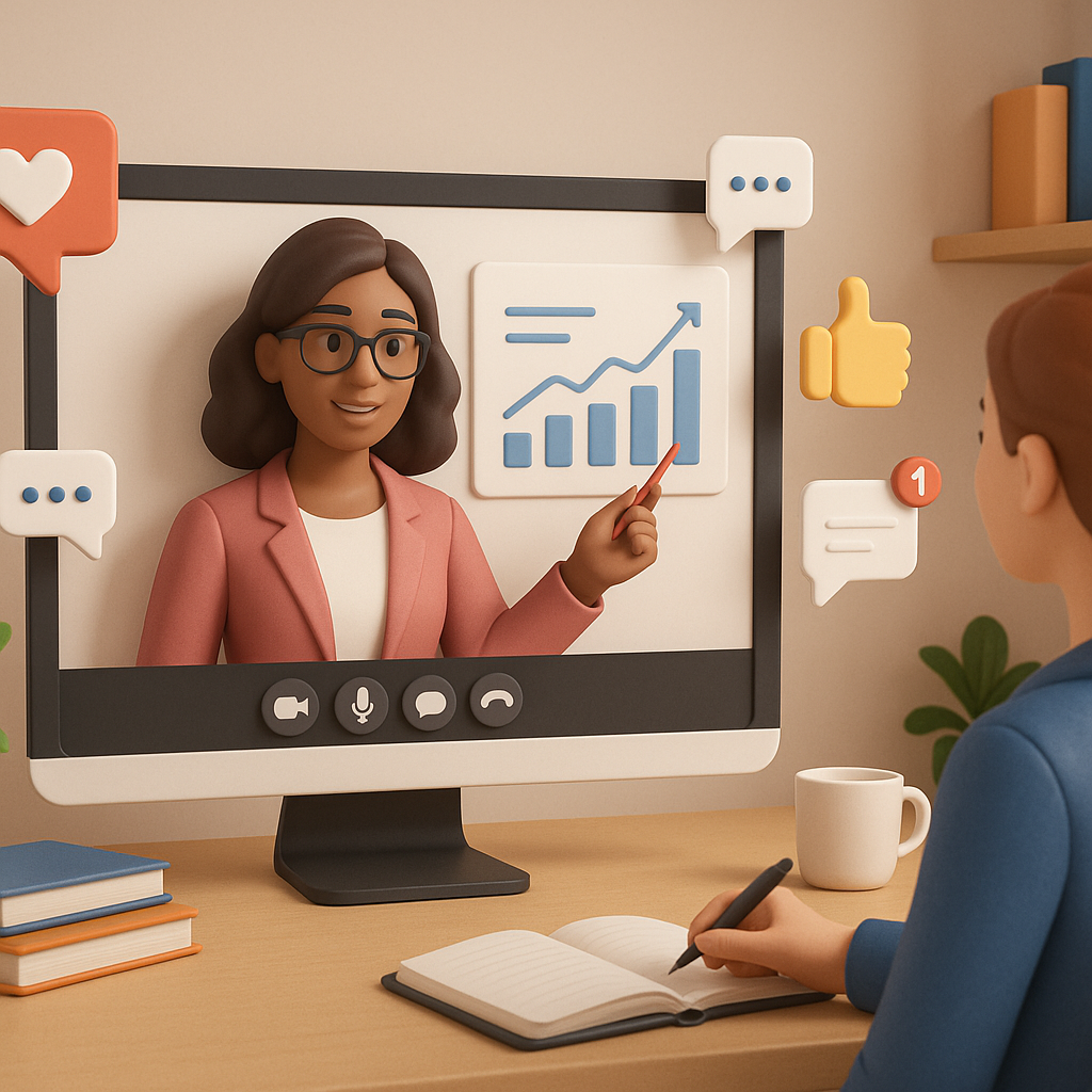 Illustration of women executives giving webinars in a home office setups setting, with a inspired mood.