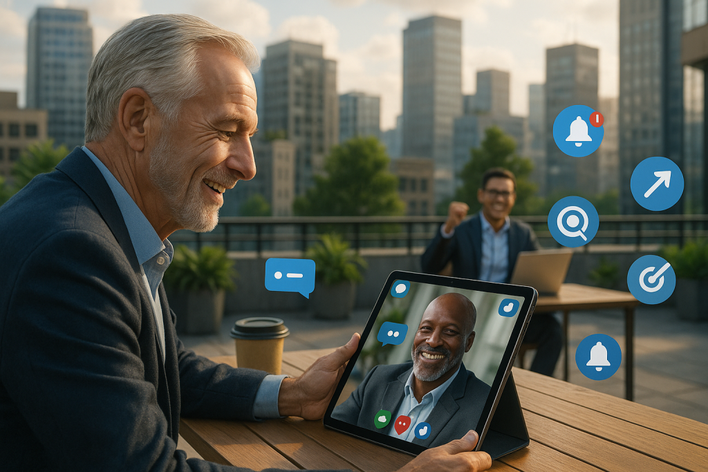 Illustration of video conferencing on tablets in a urban rooftop offices setting, with a relaxed mood.