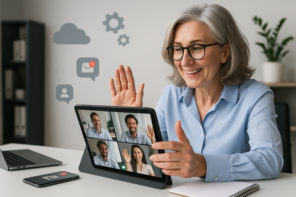 Illustration of video conferencing on tablets in a minimalist tech environments setting, with a relaxed mood.