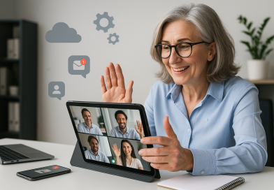 Illustration of video conferencing on tablets in a minimalist tech environments setting, with a relaxed mood.