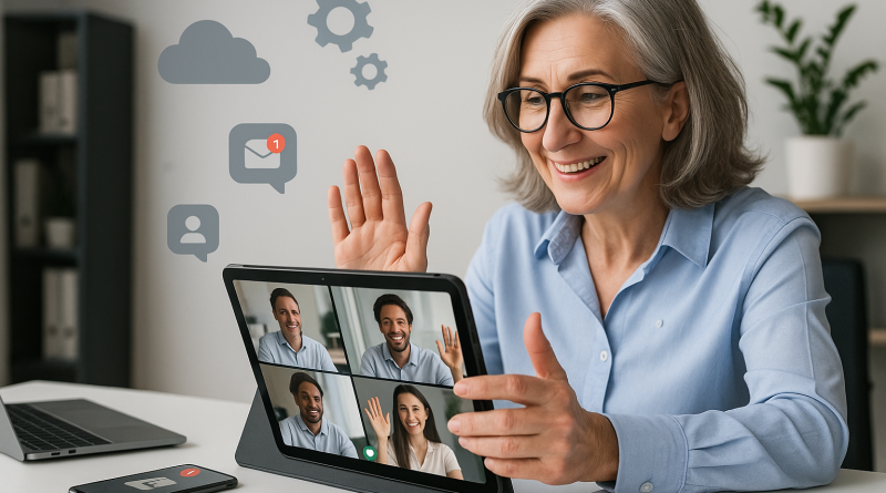 Illustration of video conferencing on tablets in a minimalist tech environments setting, with a relaxed mood.