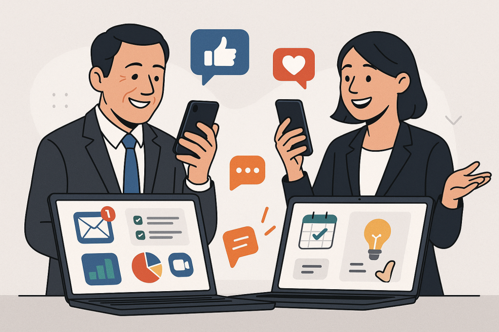 Illustration of smiling professionals with smartphones in a open laptops with productivity apps setting, with a inspired mood.