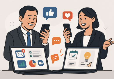 Illustration of smiling professionals with smartphones in a open laptops with productivity apps setting, with a inspired mood.