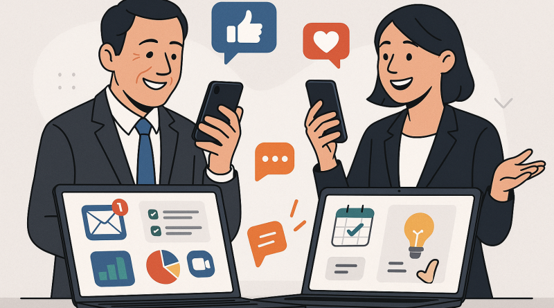 Illustration of smiling professionals with smartphones in a open laptops with productivity apps setting, with a inspired mood.