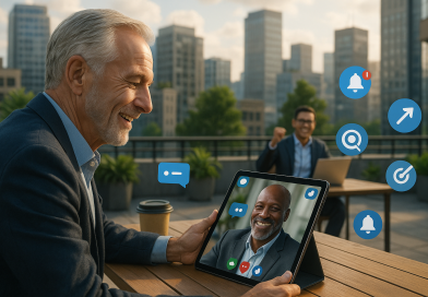 Illustration of video conferencing on tablets in a urban rooftop offices setting, with a relaxed mood.
