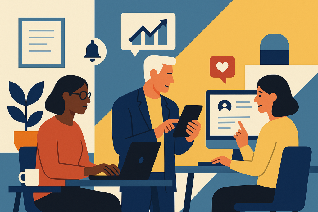 Illustration of diverse entrepreneurs over 40 in a home office setups setting, with a creative mood.
