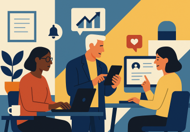 Illustration of diverse entrepreneurs over 40 in a home office setups setting, with a creative mood.