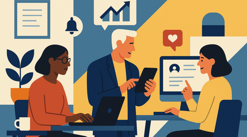 Illustration of diverse entrepreneurs over 40 in a home office setups setting, with a creative mood.
