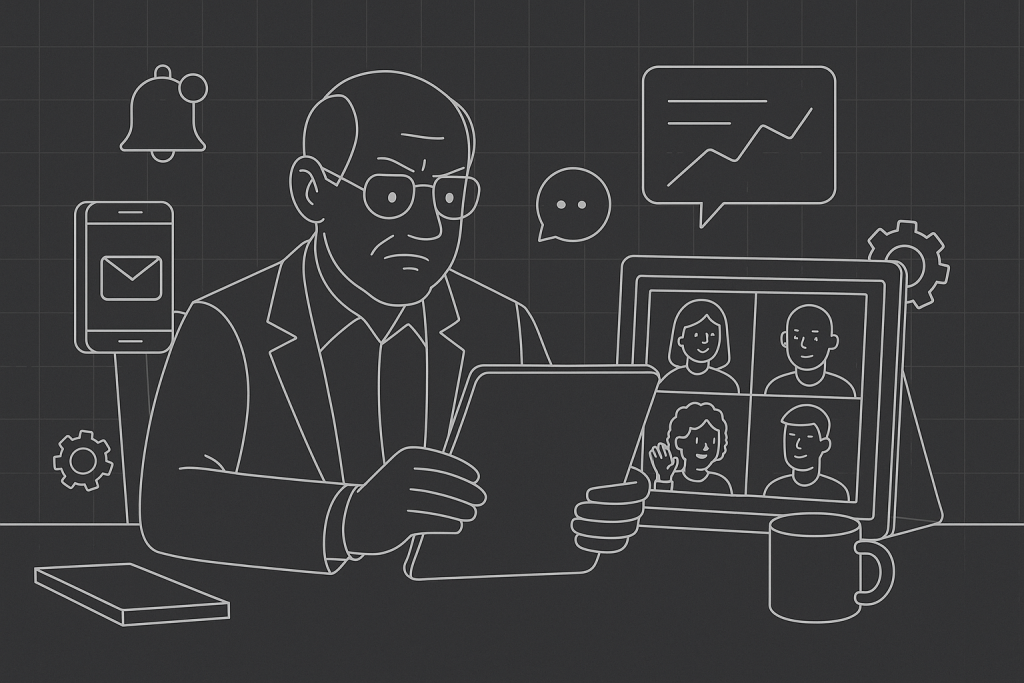 Illustration of video conferencing on tablets in a minimalist tech environments setting, with a determined mood.