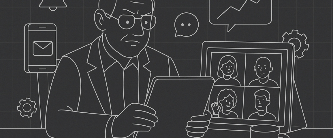 Illustration of video conferencing on tablets in a minimalist tech environments setting, with a determined mood.