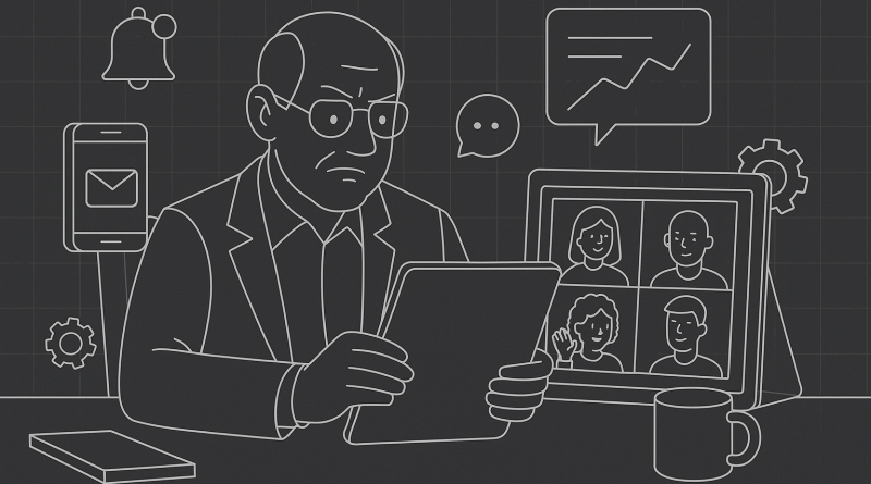 Illustration of video conferencing on tablets in a minimalist tech environments setting, with a determined mood.