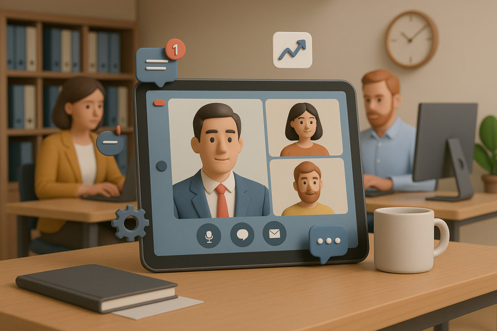 Illustration of video conferencing on tablets in a legacy business interiors setting, with a focused mood.