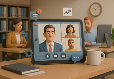 Illustration of video conferencing on tablets in a legacy business interiors setting, with a focused mood.