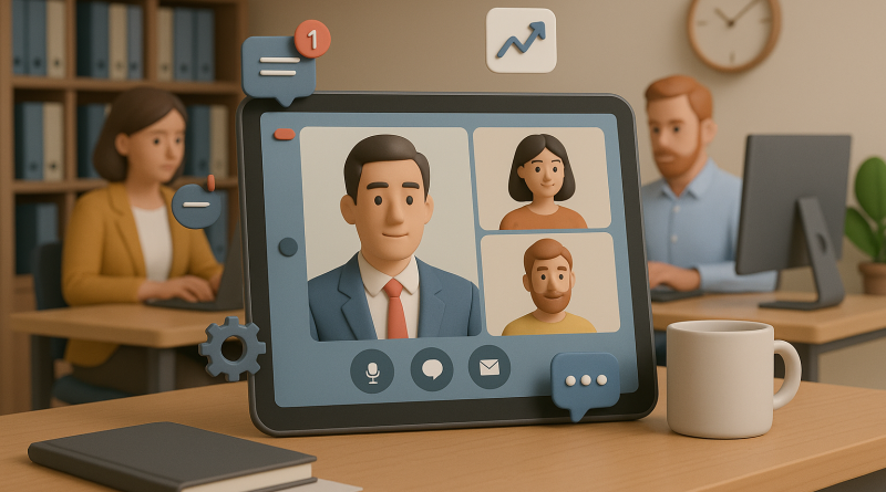 Illustration of video conferencing on tablets in a legacy business interiors setting, with a focused mood.