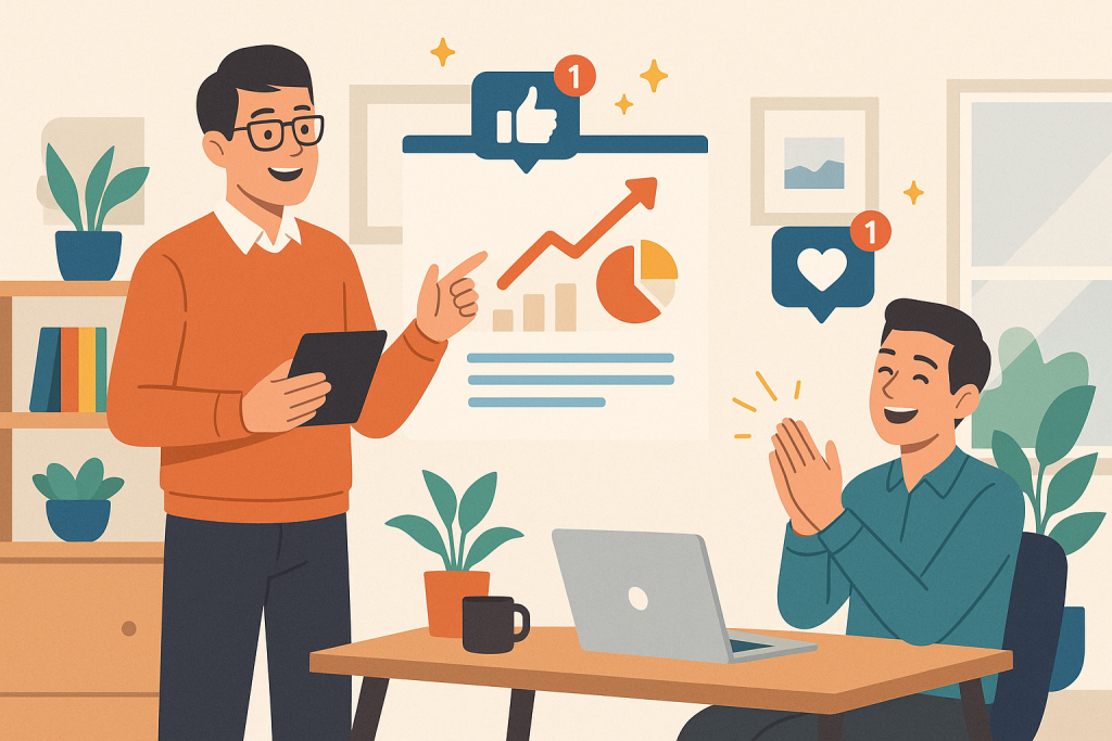 Illustration of men in casual business attire presenting in a home office setups setting, with a happy mood.