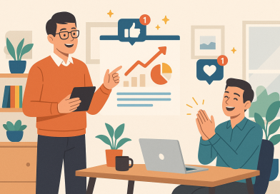 Illustration of men in casual business attire presenting in a home office setups setting, with a happy mood.