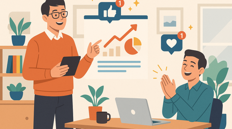 Illustration of men in casual business attire presenting in a home office setups setting, with a happy mood.