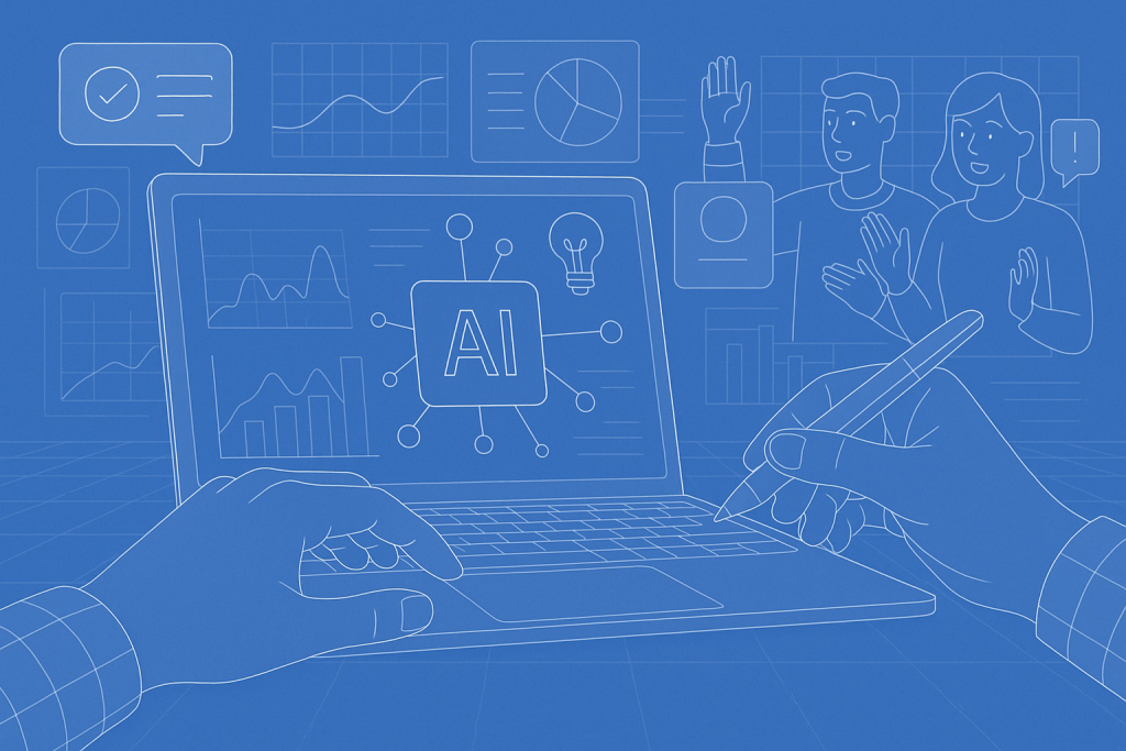 Illustration of hands using ai-powered tools in a digital dashboards and data setting, with a creative mood.