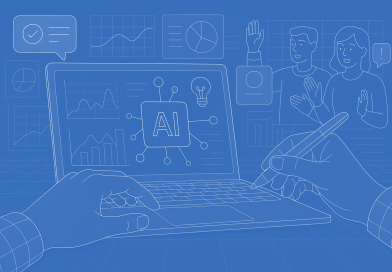 Illustration of hands using ai-powered tools in a digital dashboards and data setting, with a creative mood.