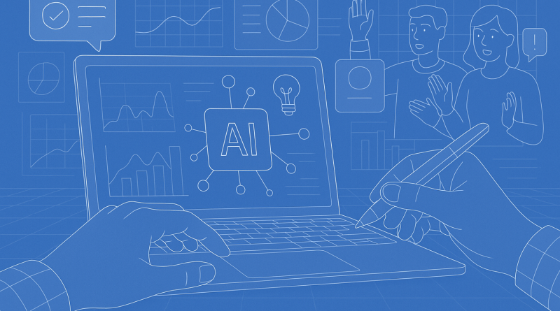 Illustration of hands using ai-powered tools in a digital dashboards and data setting, with a creative mood.