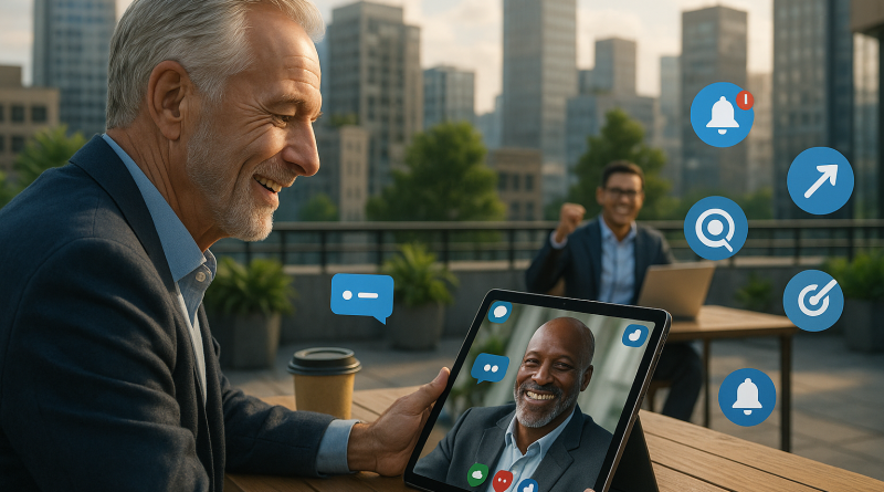Illustration of video conferencing on tablets in a urban rooftop offices setting, with a relaxed mood.