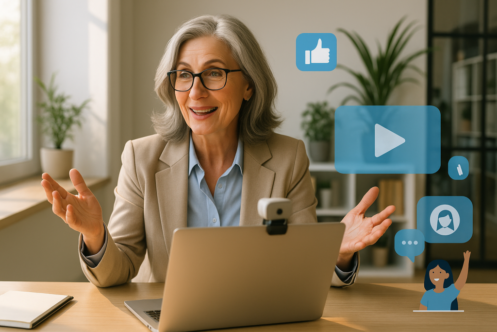 Illustration of women executives giving webinars in a sunlit professional workspaces setting, with a inspired mood.