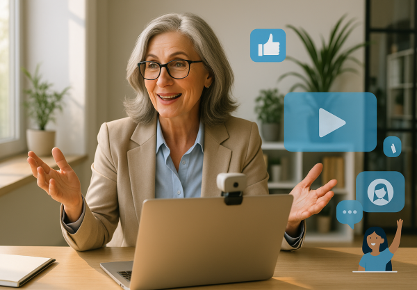 Illustration of women executives giving webinars in a sunlit professional workspaces setting, with a inspired mood.