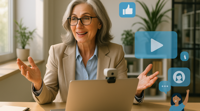 Illustration of women executives giving webinars in a sunlit professional workspaces setting, with a inspired mood.