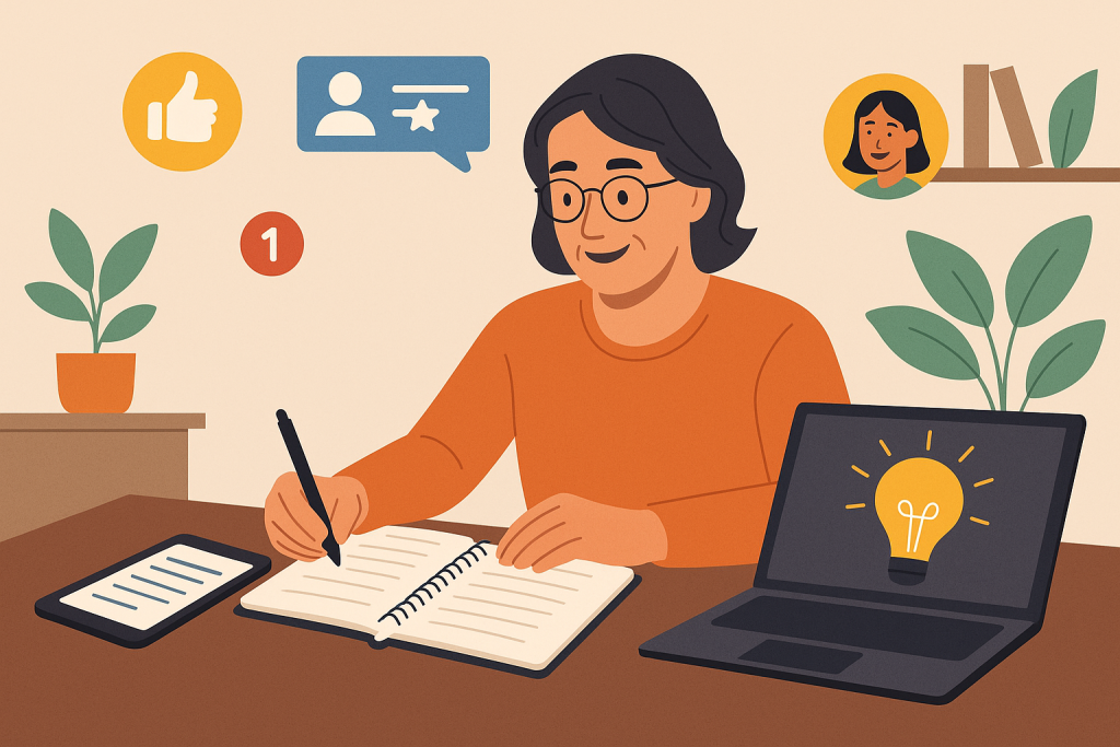 Illustration of writing in notebooks with tablets nearby in a home office setups setting, with a inspired mood.