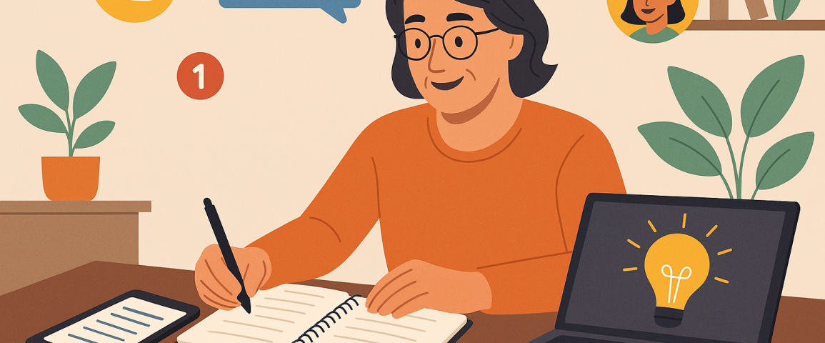 Illustration of writing in notebooks with tablets nearby in a home office setups setting, with a inspired mood.