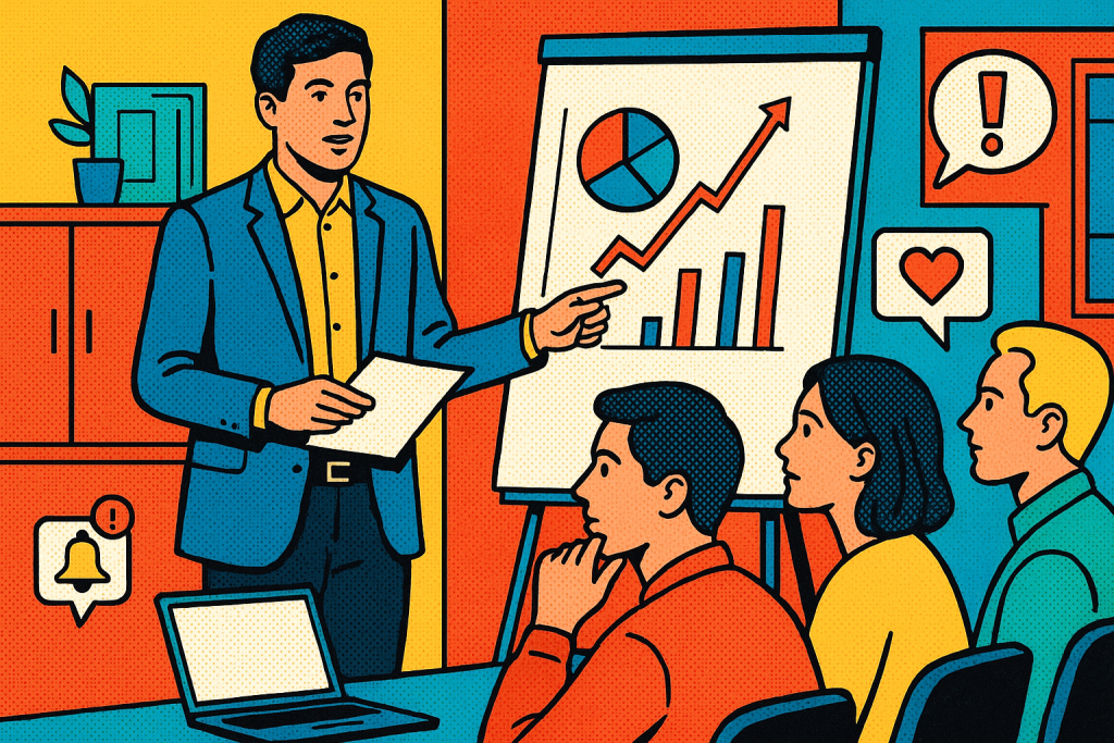 Illustration of men in casual business attire presenting in a legacy business interiors setting, with a determined mood.